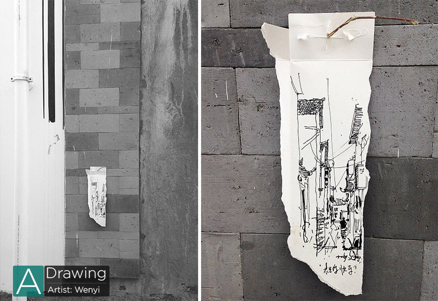 طراحی‌هایی بر روی کاغذ باطله‌هایی که به بوم یک هنرمند چینی تبدیل شده‌اند .