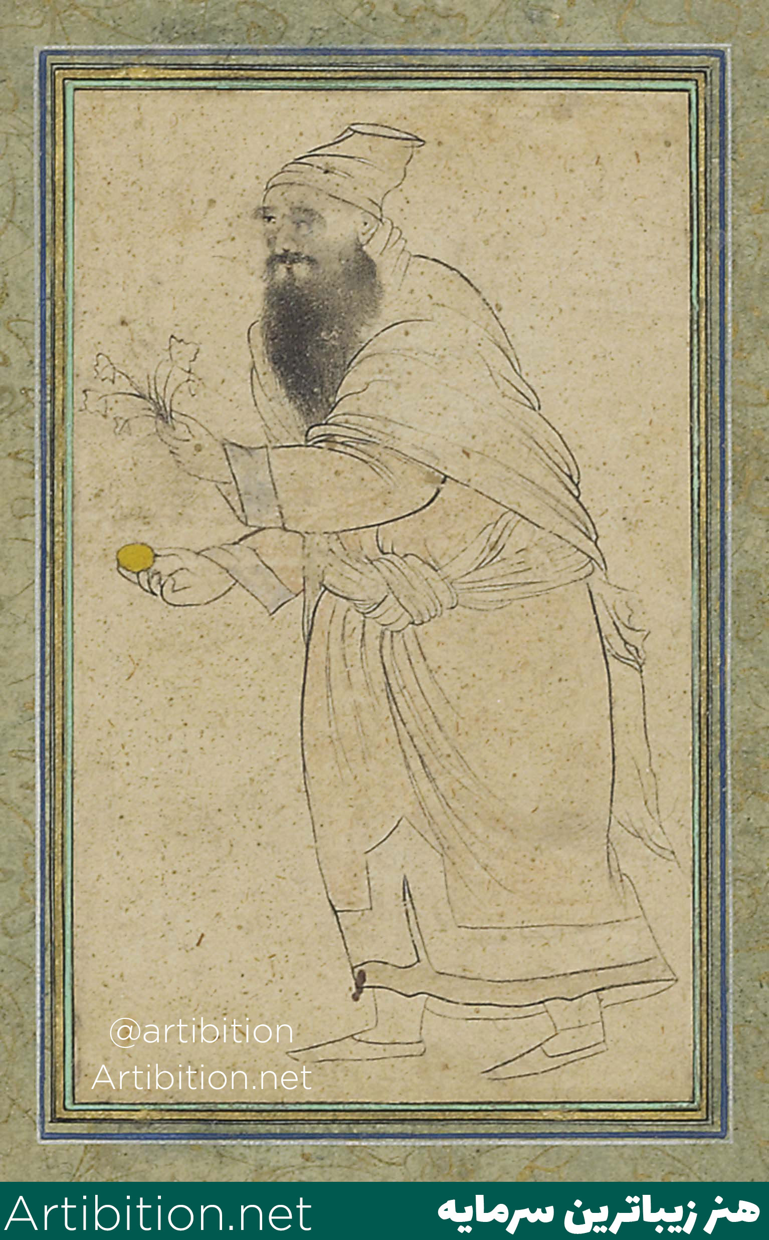 مینیاتور درویش و گلی در دست، ایران دوره صفوی، قرن 17